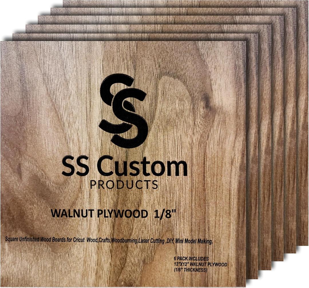 Walnut Plywood Sheets for Crafts 1/8 inch, 3mm Plywood Sheet for Laser Cutting, Wood Burning, Architectural Models, Drawing - 6 Pack Walnut Wood Sheets 12 x 12 inch (SS Custom Products)