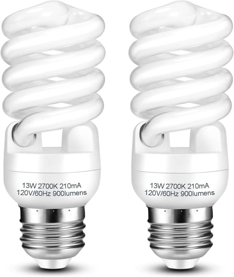 CFL Light Bulbs E26 Base, T2 Spiral 13Watt (60Watt Equivalent) Soft White 2700K 900lm Compact Fluorescent Light Bulbs, UL Approved, 120v 60Hz, Self Ballasted CFL Bulbs, Pack of 2