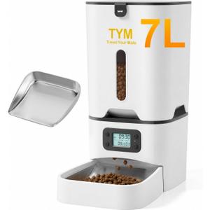 TYM Automatic Cat Feeder, 7L Large Capacity Cat Food Dispenser with Programmable Timer, Portion Control up to 9 Meals/Day, Dual Power Supply, Fresh Food, Easy to Clean for Cats and Small Dogs