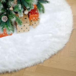 Christmas Tree Skirt, 48 Inch White Faux Fur Xmas Tree Skirt, White Soft Plush Skirt Christmas Tree Mat for Christmas Holiday Party Decorations