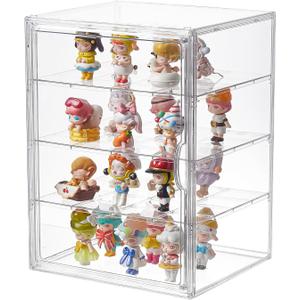 4 Tiers Clear Acrylic Display Case, Plastic Storage Bins with 3 Adjustable Divider and Magnetic Door,Stackable Display Box for Figures Showcase (XXL-4 Tier-1 Pack)