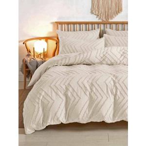Nanko Beige Duvet Cover Queen Size, 3pc Boho Tufted Microfiber Bedding Comforter Cover Set, All Season Aesthetic Shabby Chic Soft Embroidery Textured Geometric Quilt Cover (90x90)