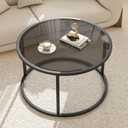 Glass Coffee Table Modern Center Table,Minimalist Round Coffee Tea Table,Tempered Glass-top with Sturdy Metal Frame for Living Room Bedroom Office and Small Space, 27 x 27 x 17 Inch,Gray Black, Round-27.3in