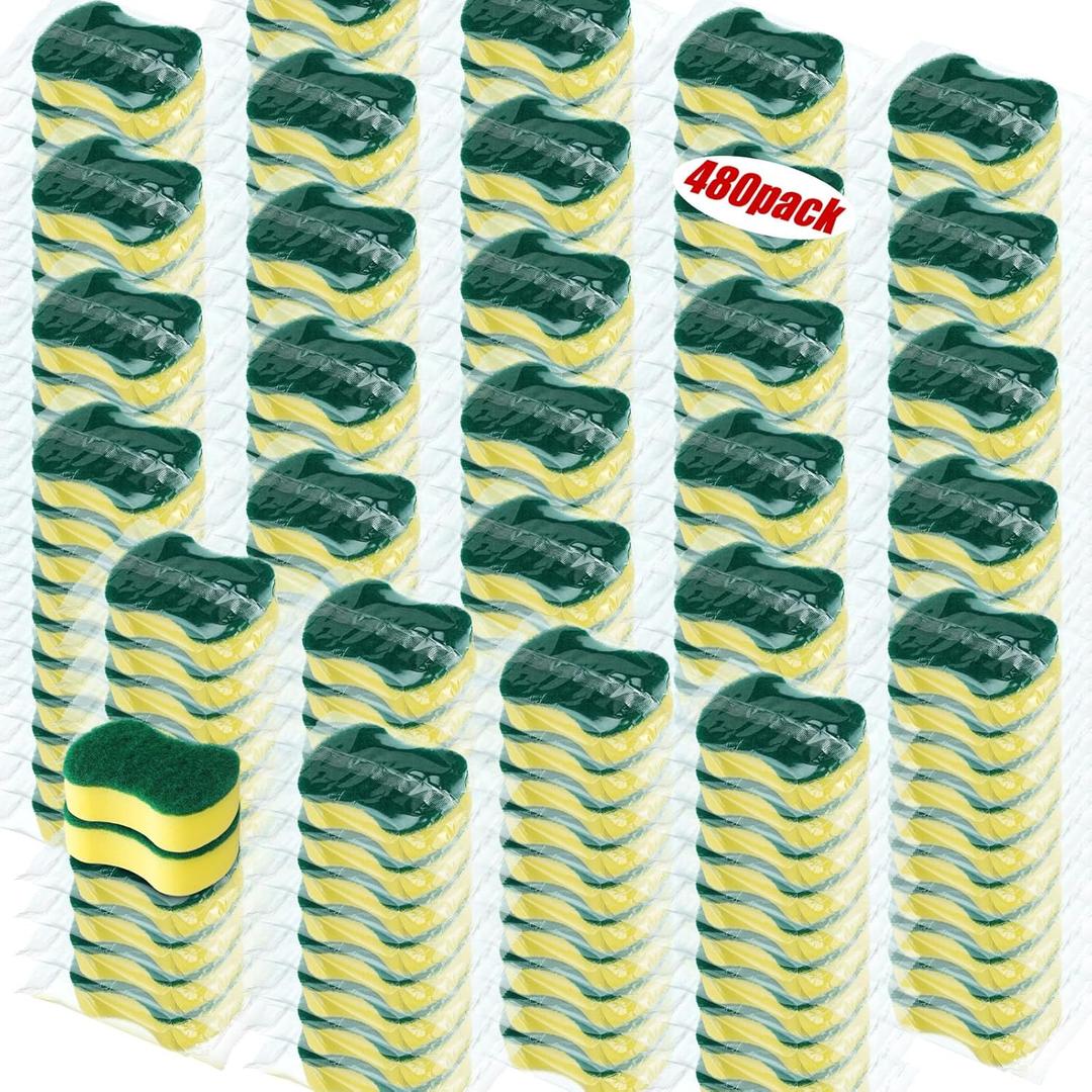 Tanlade 480 Pcs Individually Wrapped Sponges Kitchen Bulk Non Scratch Scouring Sponges for Dishes Household Cleaning Travel Apartments Hotel Car (Yellow Green)