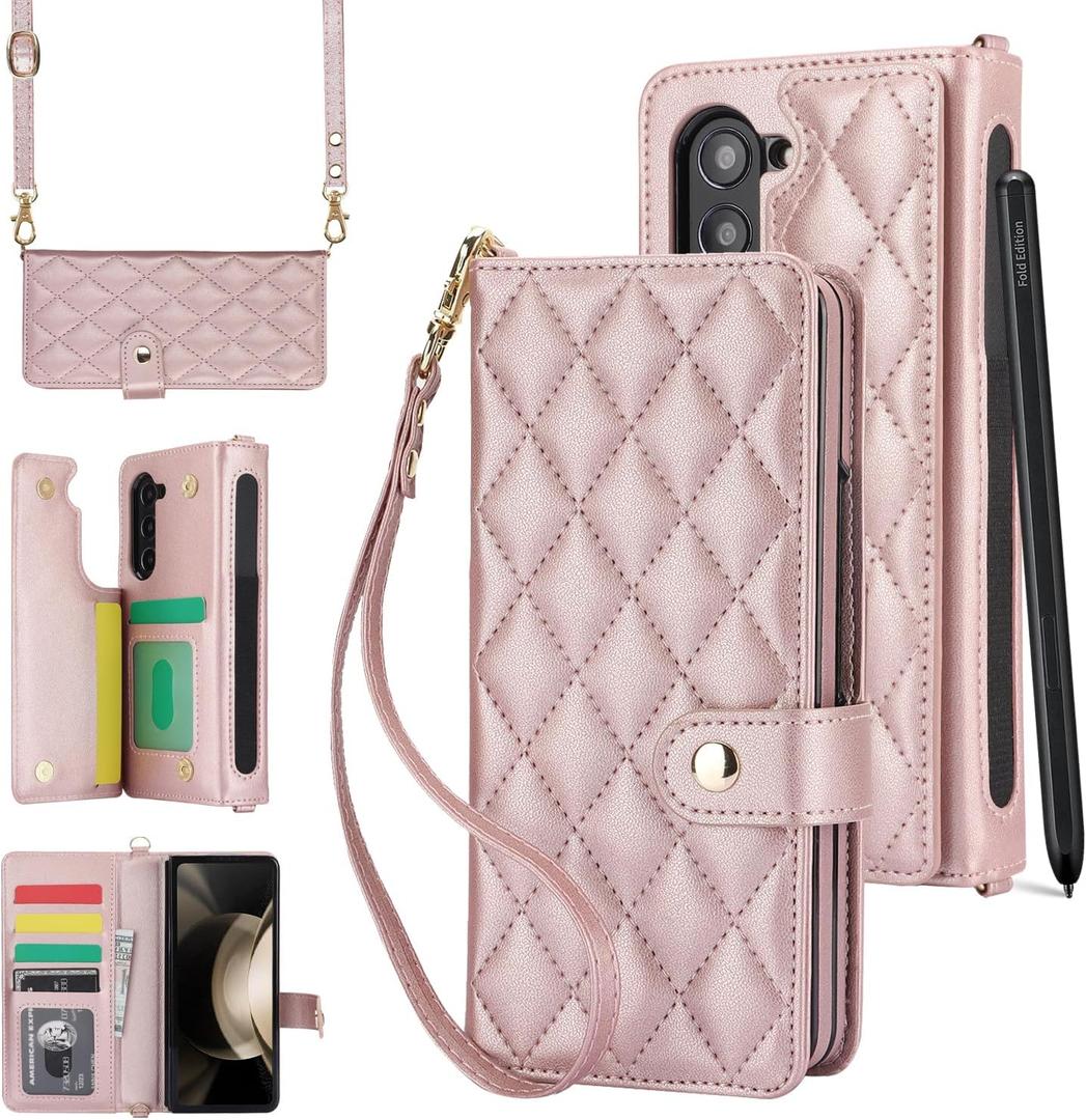 for Samsung Galaxy Z Fold 5 Wallet Case with 6 Credit Card Slots and S-Pen Slot, RFID Blocking, Adjustable Strap, Multi Card Function Premium Leather Magnetic Clasp Kickstand Cover.(Rosegold)