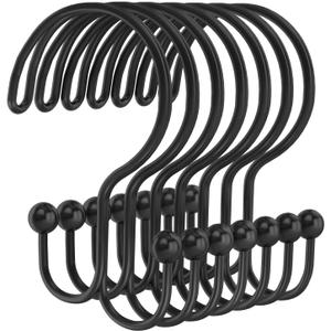 Shower Curtain Hooks, OEH Shower Curtain Rings, Black Shower Curtain Hooks Rust Proof, Decorative Double Shower Hooks for Shower Curtain, Anti-Drop Shower Rings for Curtain & Liners, Black, 12Pack