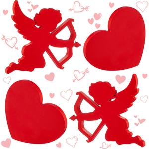 Yousoontic 4 Pcs Valentine's Day Heart and Cupid Table Decor Red Sign with Arrow Wood Decorations for Shelf Coffee Anniversary Table Home Wedding Gifts Supplies