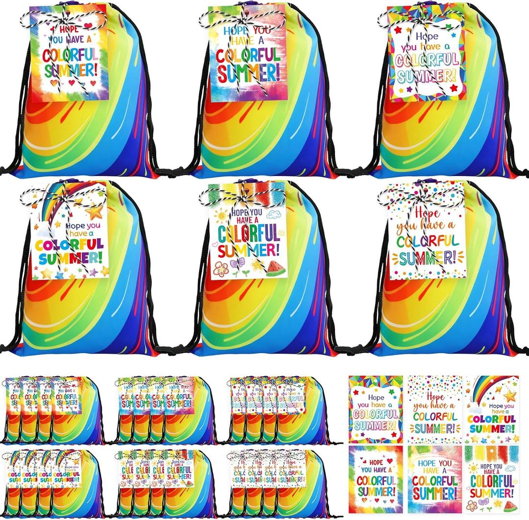 ceiba tree 24Pcs End of Year Student Gifts Bulk Colorful Drawstring Bags with Cards from Teacher Last Day of School Year Kindergarten Preschool Graduation Summer Treat Bags Classroom Party Favors