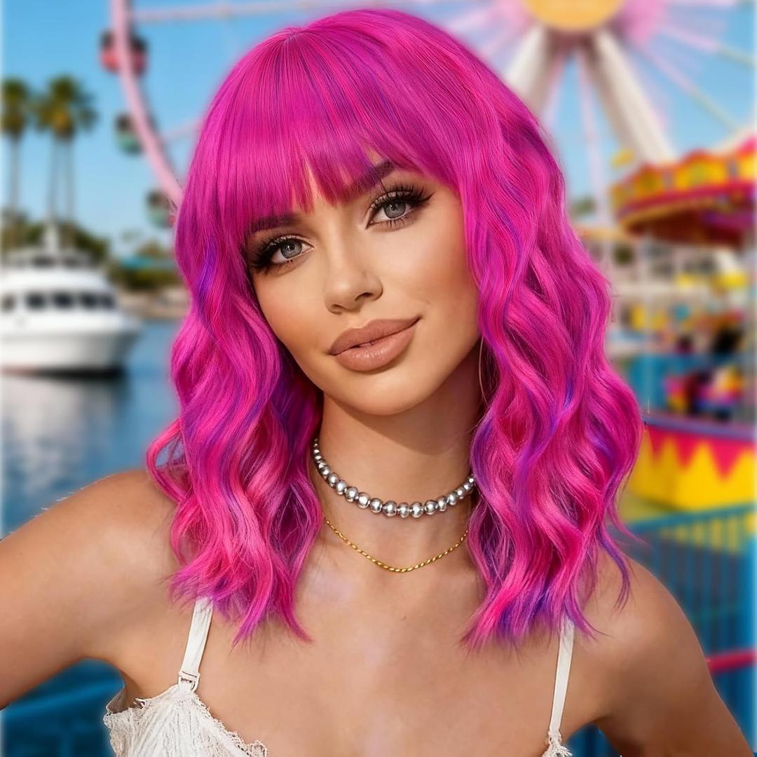 XIXIBI Colorful Wigs with Bangs Short Bob Wavy Curly Wig for Women Hot Pink Mixed Purple Synthetic Hair Replacement Wigs for Girls Costume Cosplay Daily Party Use 14 Inch