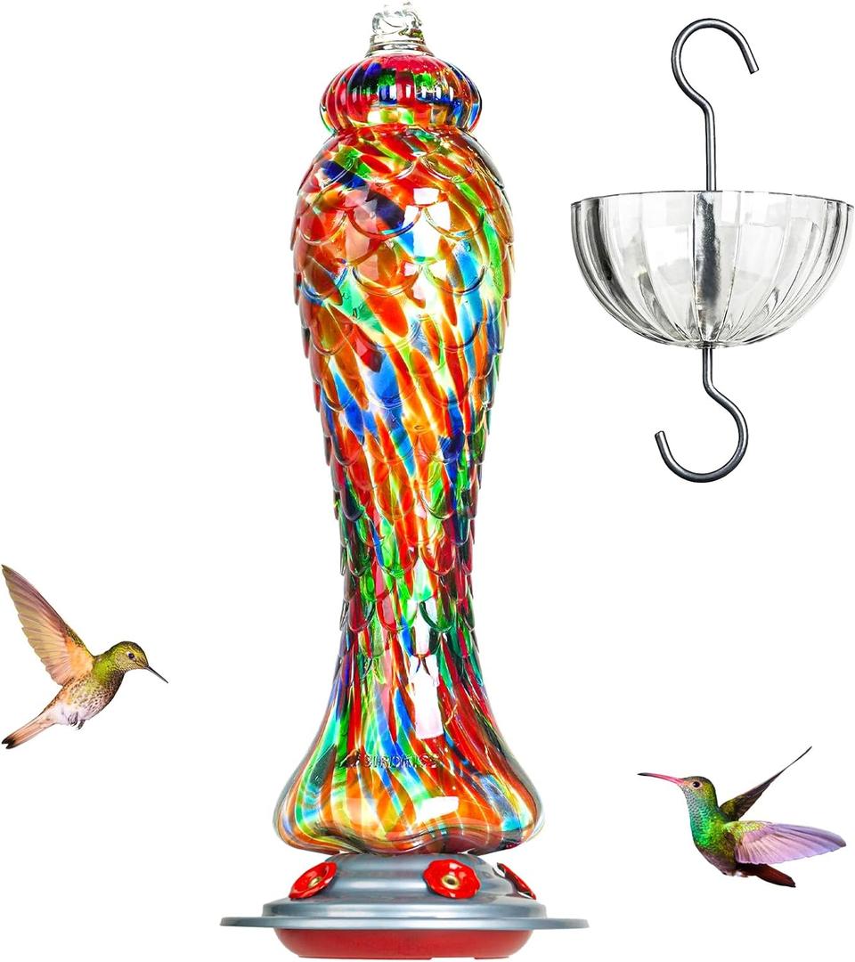 Hummingbird Feeders for Outdoors Hanging, Hand Blown Glass 26 OZ Nectar Capacity, 5 Flower Ports, 8 OZ Ant Moat, Unique Backyard Decor Gardening Gift for Bird Lover, Mermaid Red