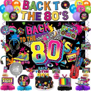 80s Party Decorations Includes Backdrop, Banner, Hanging Swirls, Foil & Latex Balloons, Cake & Cupcake Toppers, Honeycomb Centerpieces for 80s 90s Party Decorations