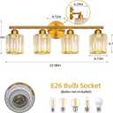 Modern 4 Light Crystal Vanity Light, Brushed Gold Vertical Bathroom Light Fixture Over Mirror for Dressing Table Sink, Compatible with Dimmable Bulbs (Bulbs Not Included)