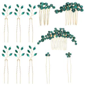 11 Pieces Vintage Emerald Green Headpieces, Crystal Bead Party Prom Wedding Bridal Vine Leaf Hair Side Combs, Green Leaf Rhinestone Gold Hair Vine Rhinestone Bride Headpiece for Brides Bridesmaids