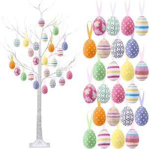 Aurelema 4 ft Easter White Birch Tree with 48 LED Lights, USB Powered Timer, 24 Hanging Easter Egg Ornaments, Tabletop Artificial Tree for Indoor Outdoor Spring Home Decor(Ornate)