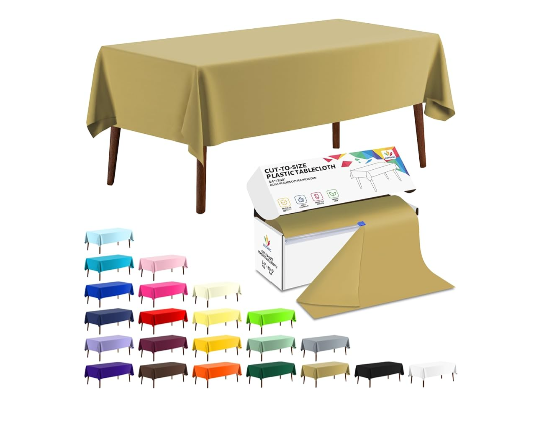 CXPSINC 54 Inch X 300 Feet Plastic Table Cover Roll Disposable Tablecloth with Slide Cutter for All Type/Shape Tables | Party, Banquet, Birthdays, Weddings(Gold, 300 Feet