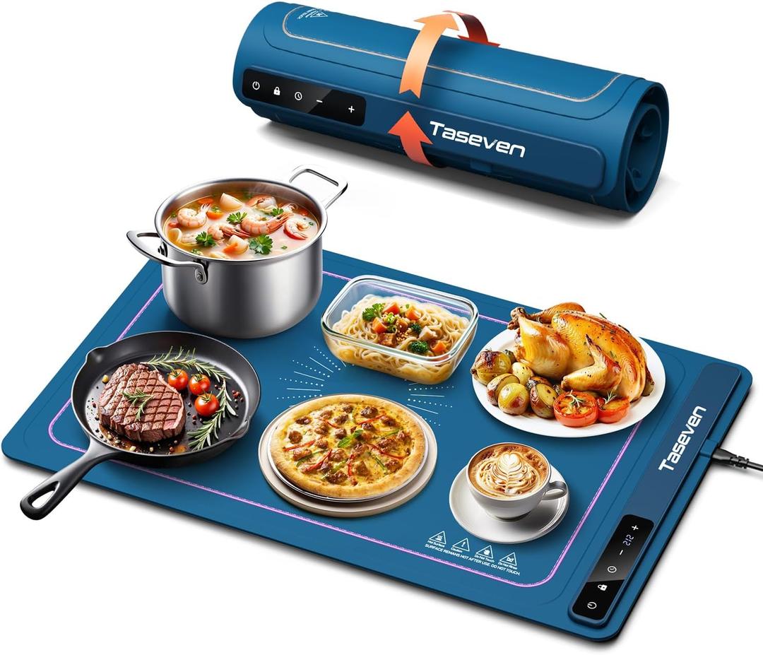 Food Warming Mat, Silicone Heating Tray with 7 Temperature Settings, Quick Full Surface Heating Pad, Thermochromic Line, Kids Lock, Electric Warming Tray for Buffets Party