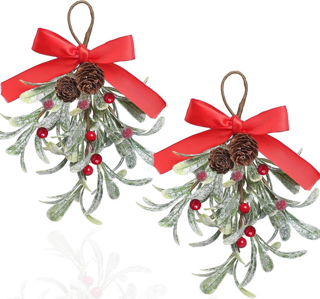 2 Pack Christmas Artificial Mistletoe Ornament with Red Bow Snowy Red Berries Christmas Hanging Mistletoe Decorations Bouquet Floral Natural Pine Cones Holiday Decoration Ornament Bouquet