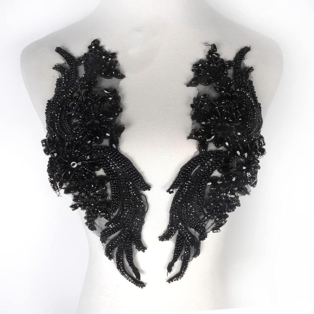1 Pair Hand-Made Beaded Rhinestons DIY Clothing Appliques Patch,14.5" *4.9" Wedding Dress Decoration,Black Flower Applique by Pair 1 Pair Hand-Made Beaded Rhinestons DIY Clothing Appliques Patch,14.5" *4.9" Wedding Dress Decoration,Black Flower Applique by Pair