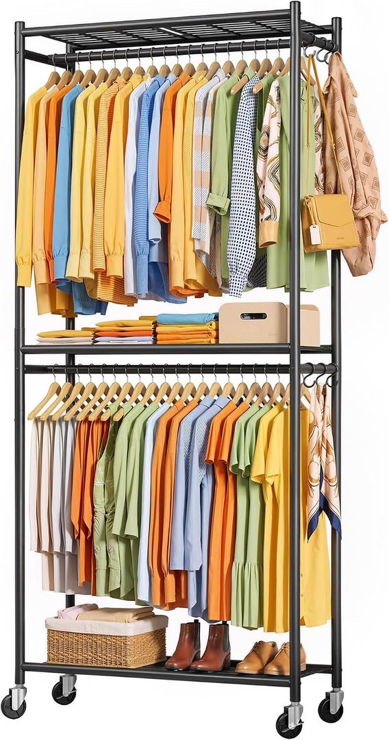 Clothes Rack - 33.0" x 12.2" x 79.5" Clothing Rack with Shelves & Wheels, Multi-Functional Wardrobe Closet with Hooks, Sturdy Metal Garment Rack for Bedroom, Laundry, Balcony (Black), Large