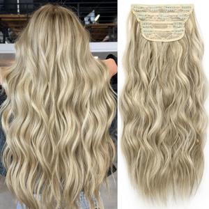 KooKaStyle Clip in Synthetic Highlight Hair Extensions Long Wavy 4PCS Thick Hairpieces Ashy Beige Blonde Balayage Fiber Double Weft Natural Hair Extensions 20 Inch for Women