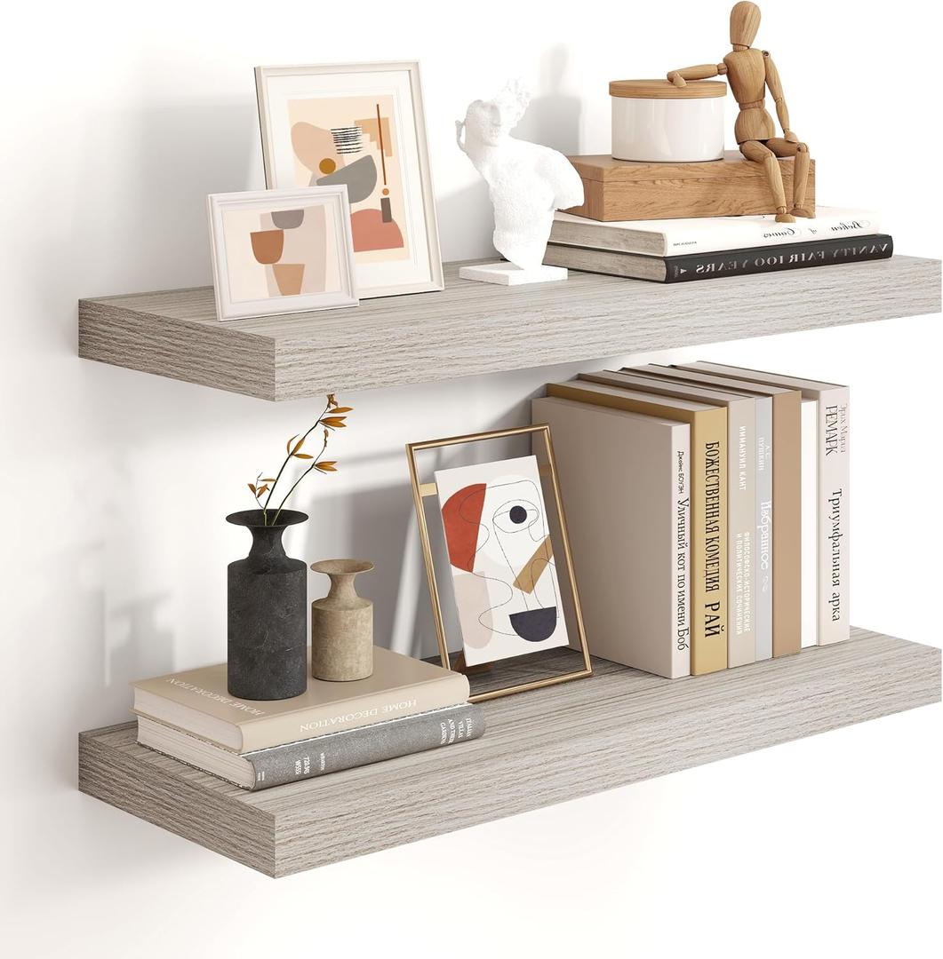 24 inch Floating Shelves for Wall,9.3 inch deep Grey Bathroom Over Toilet Shelf,Wall Mounted Rustic Wood Shelves for Bedroom,Living Room,Kitchen,Office Decor Set of 2-Grey