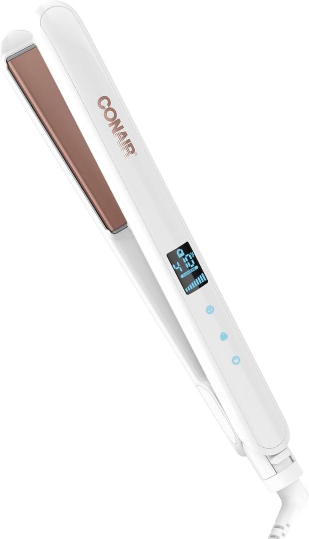 Conair Double Ceramic Flat Iron, 1-Inch Flat Iron, 5 Digital Temp Settings Up to 410F, Extra-Long Plates, For All Hair Types and Textures, White