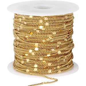 33FT 18K Gold Plated Curb Chains Bulk, 2mm Stainless Steel Flat Satellite Curb Link Chains Roll for Jewelry Making (Gold short embossed)