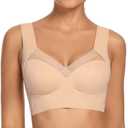 WOWENY Seamless Wirefree Bras for Women Comfy Mesh Soft Padded Back Smoothing Bra (Beige, L)