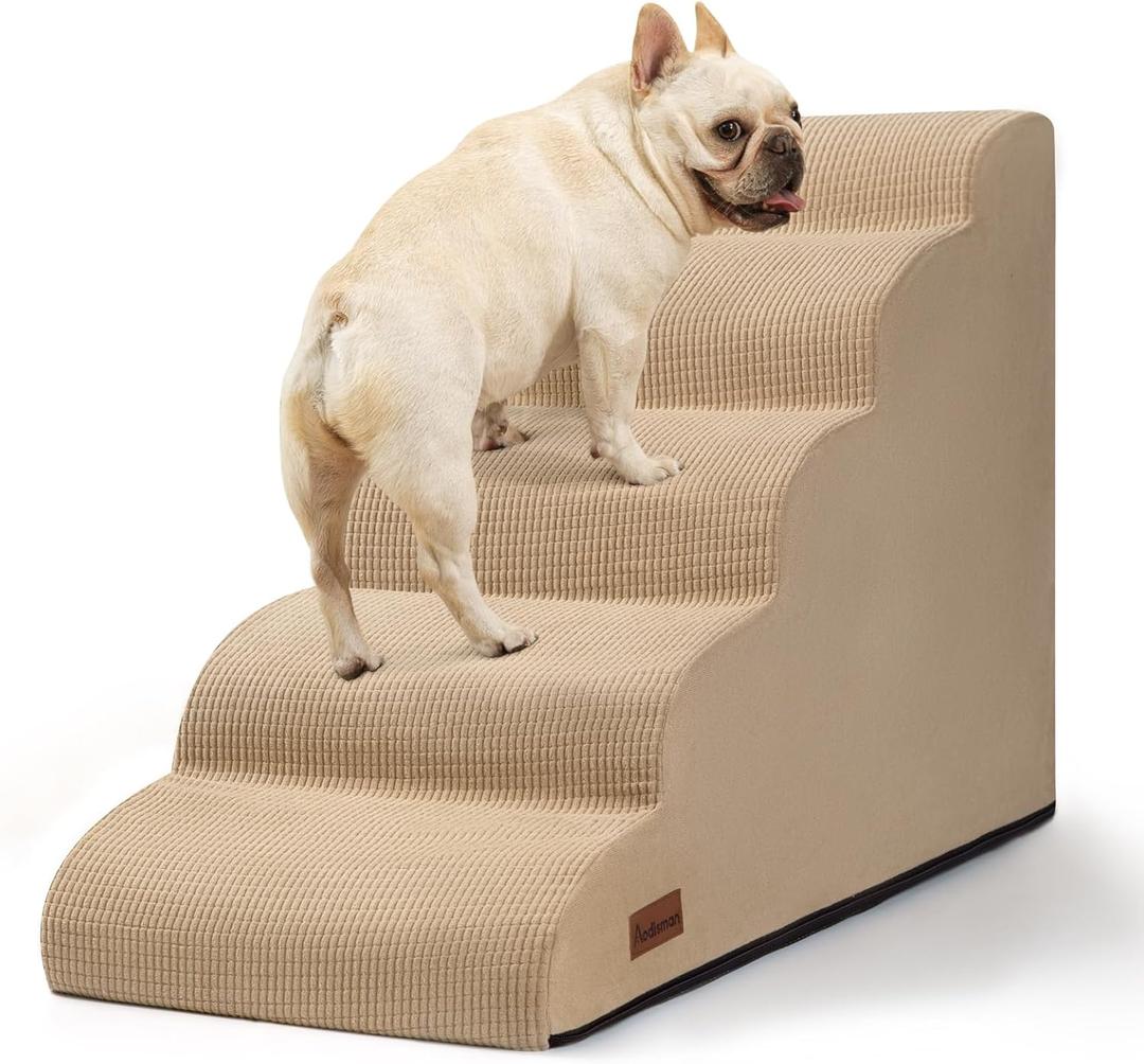 Aodisman 5-Step Dog Stairs and Ramp for High Bed, Non-Slip Sturdy Pet Steps for Small Dogs and Cats,22.2" H,Khaki