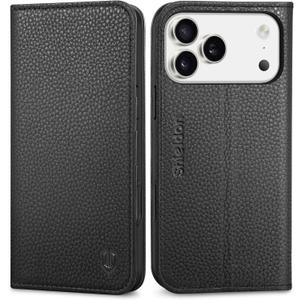 SHIELDON Real Leather Case Wallet for iPhone 17 Pro Max 6.9-inch | Foldable, Kickstand, RFID Blocking Credit Card Slot, Magnetic Closure, TPU Protective Inner Cover 5G 2025 - Pebbled Black
