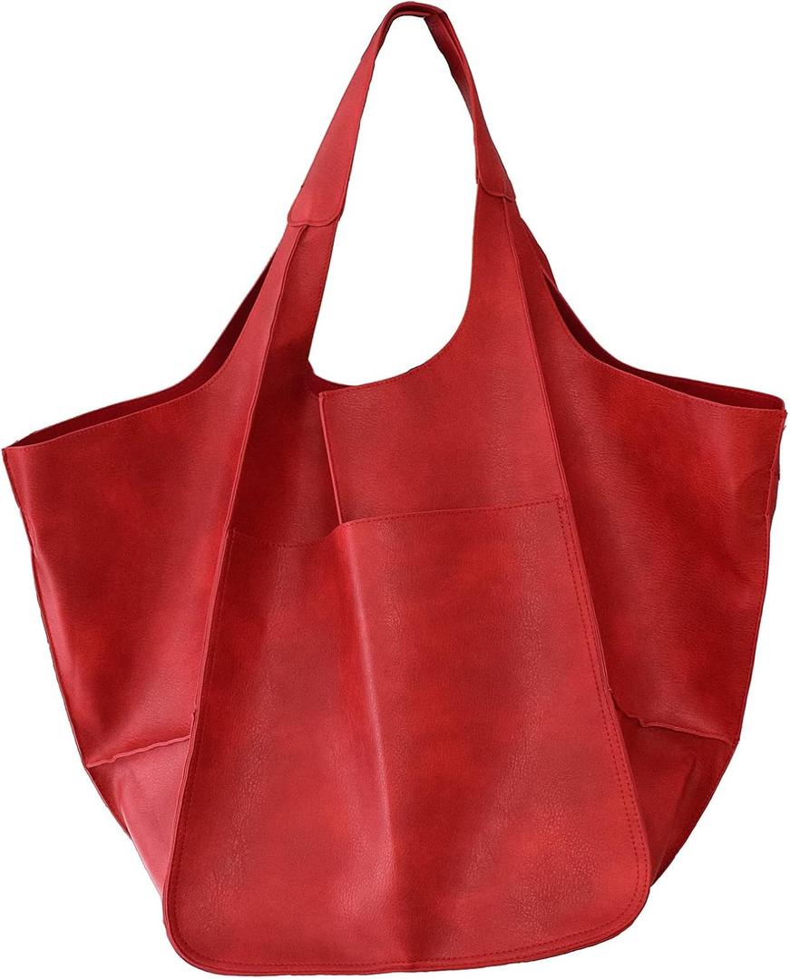 KlaOYer Oversized Leather Tote Bag Huge Capacity Work Hobo Pu Leather Bucket Purse And Handbag Large Soft Travel Shopping Bag (Red)