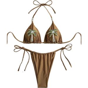SOLY HUX Women's Tropical Cheeky Swimsuits Vintage Halter String Triangle Bikini Set Bathing Suits Beachwear, Medium
