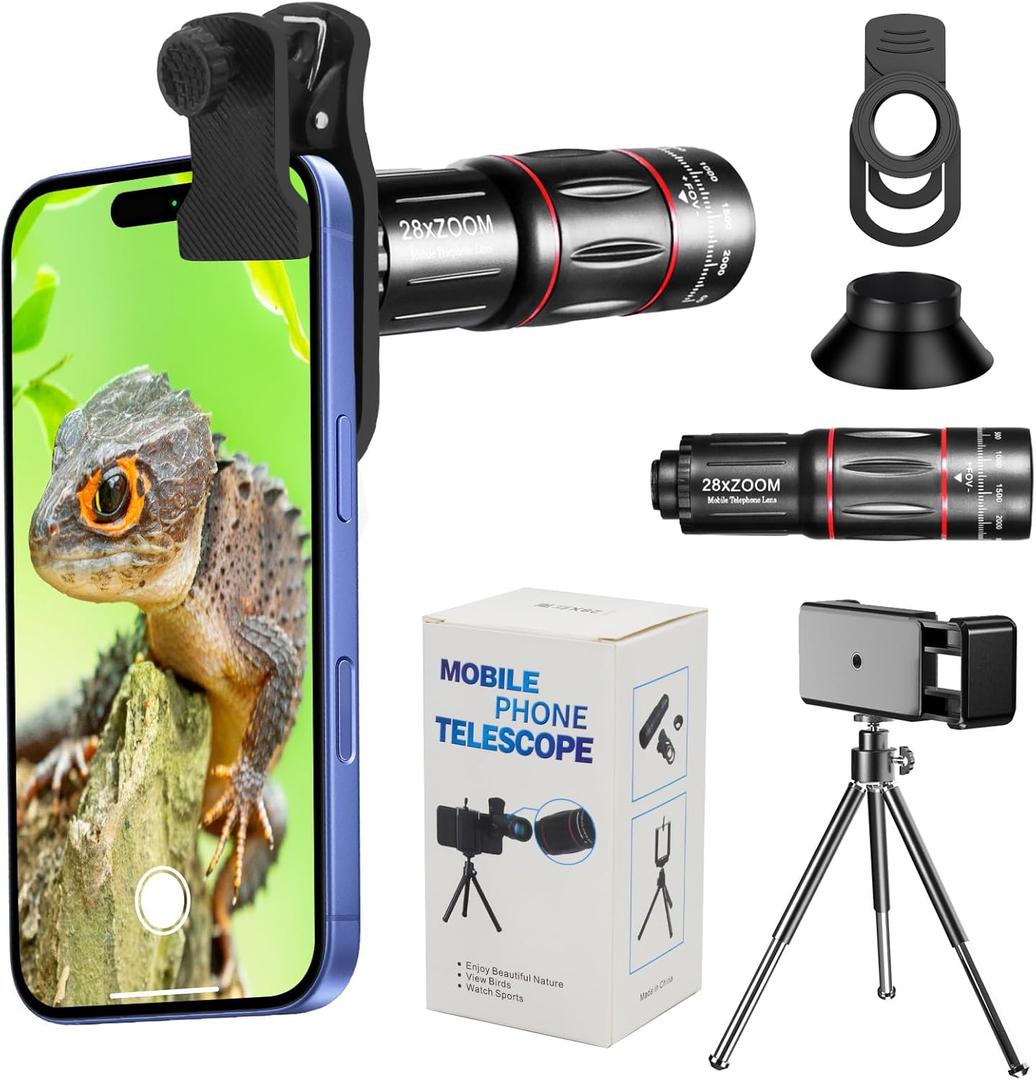 Phone Camera Lens Kit 28X Telephoto Lens for iPhone with E-Clip and Tripod, Suitable