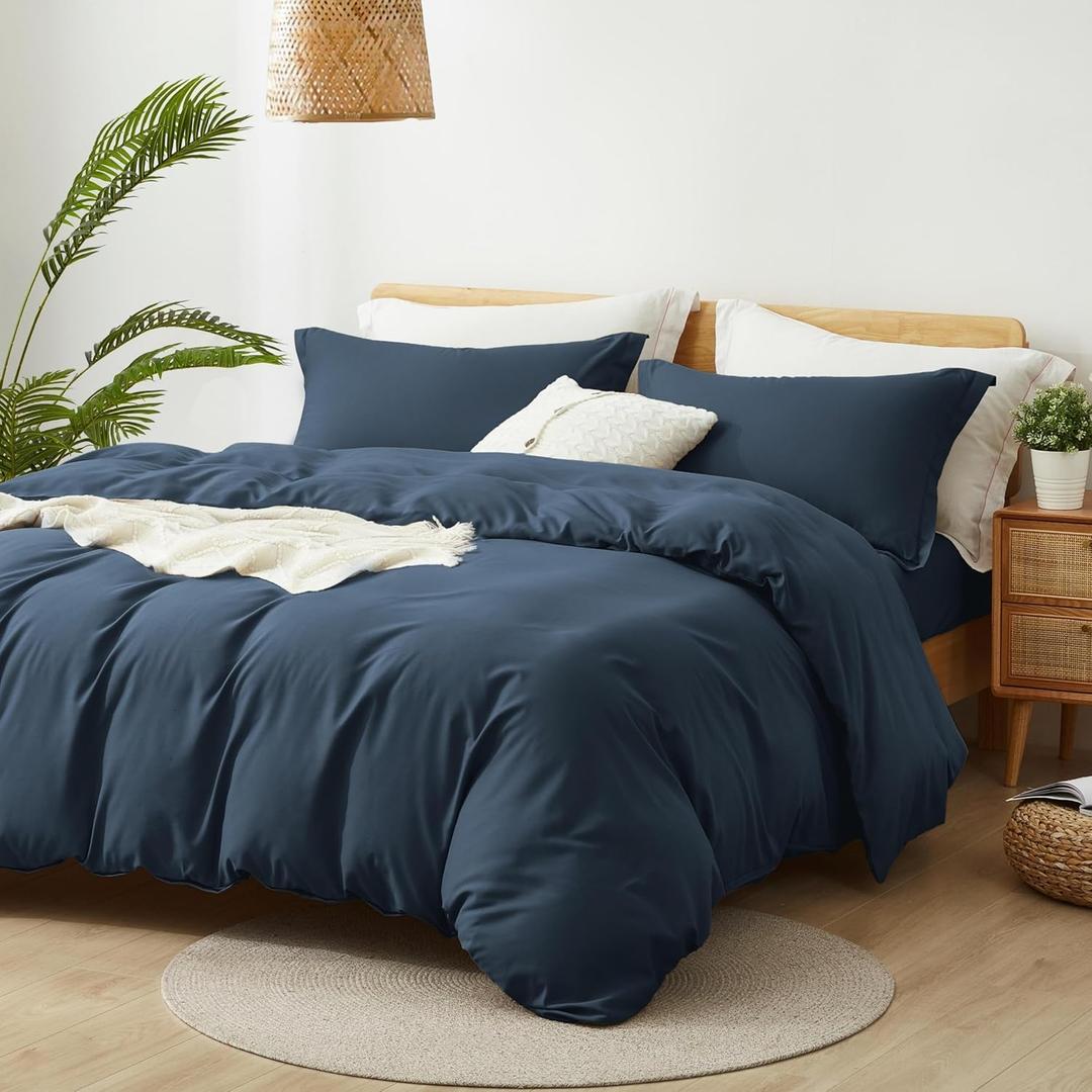 Queen Size Duvet Cover - 3 Piece Bedding Set (1 Duvet Cover & 2 Pillow Shams) Soft Double Brushed Comforter Cover w/Zipper Closure & Corner Ties - No Comforter (90" X 90", Dusty Navy Blue)