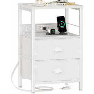 Furologee End Table with Charging Station, Nightstand with Fabric Drawers, Side Tables with USB Ports & Outlets, Night Stand with Storage Shelf & Hooks, for Living Room/Bedroom, White, 1 Pc