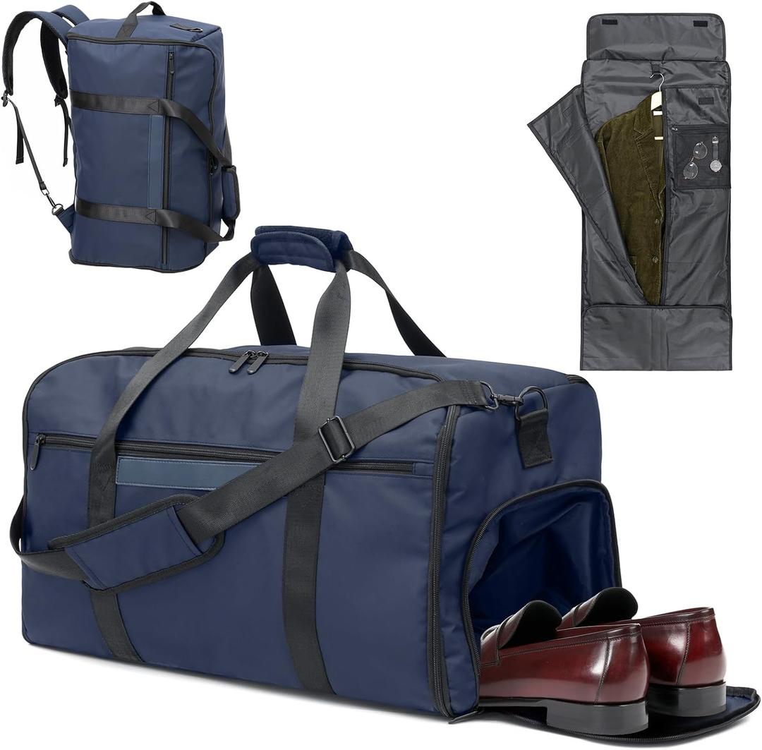 GARPROVM Garment Bags for Travel, 4 in 1 Convertible Garment Duffle Bags with Separated Suit Bag Shoe Compartment, Waterproof Carry On Luggage Bag Backpack Weekender Bag for Short Trip, Navy