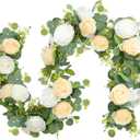 2PCS 13Ft Artificial Eucalyptus Garland with Flowers, Artificial Rose Garland Faux Floral Garlands Artificial Flower Vine, Flower Garland for Wedding Spring Home Party Table Runner Decorwith Light