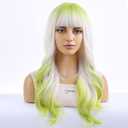 MAGQOO Green Wig for Women Matcha Green Blonde Ombre Wig Long Wavy Green Ombre Blonde Wig with Bangs Synthetic Heat Resistant Halloween Cosplay Costume