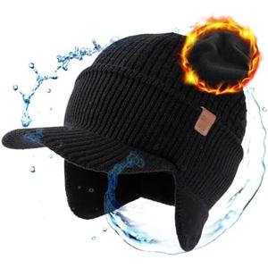 TOP-EX 50% Merino Wool Winter Hats Beanie with Brim Waterproof Warm Fleece Lined for Cold Weather, Size: Small-Medium