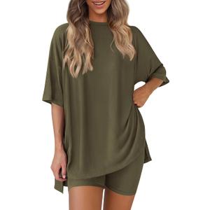 PRETTYGARDEN Women's Two Piece Lounge Set 2025 Summer Casual Oversized Shirts Biker Shorts Matching Airport Travel Outfit (Medium, Army Green)
