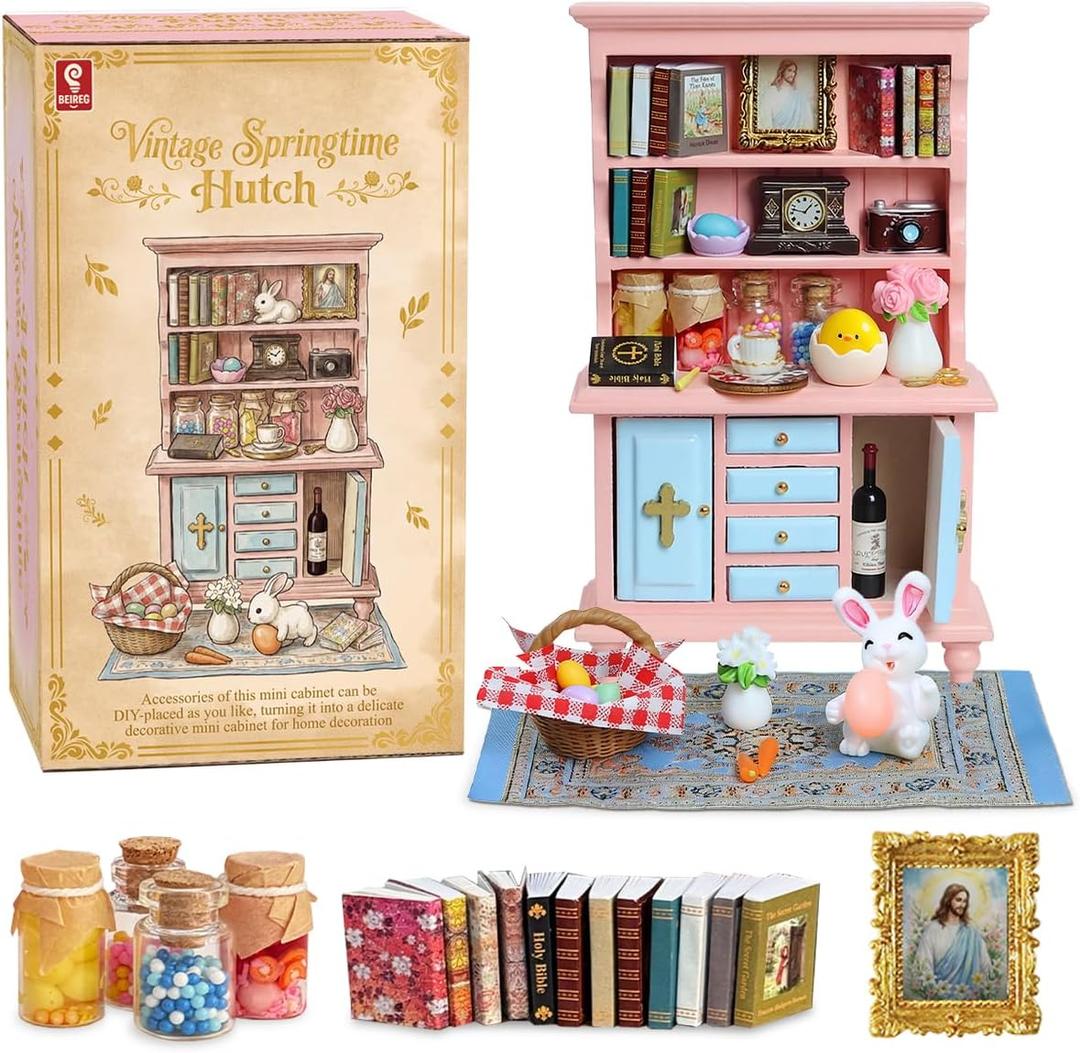 Vintage Springtime Hutch Set - 40 Pcs Dollhouse Miniatures 1/12 Scale Accessories, Wooden Bookshelf with Books, Flowers&Rabbits, Easter Eggs Decorations Mini Furniture Gifts for Kids