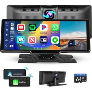 Hikity Wireless Carplay Portable Android Auto Unit with 2.5K Dash Cam, 9.3 Inch Touchscreen Car Screen Display with Bluetooth Airplay Mirror Link Voice Control AUX 64G TF