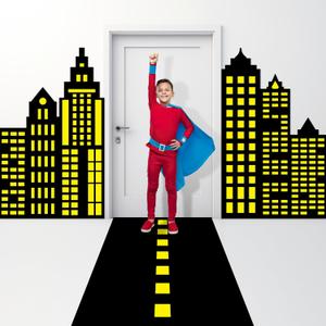 Comic Hero Party Door Cover Banners Super Theme Hero Birthday Party Road Decoration Cityscape-Themed Door Hanging Backdrop Comic Theme Photo Props Background for Kids Birthday Parties Supplies