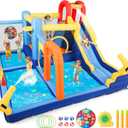 JOYLDIAS Inflatable Water Slide,Water Park Bounce House,Slide Bouncer Castle Playhouse w/Splash Pool, Climbing Wall, TrampolineFelt Ball Target, Ring Toss Game for Kids Outdoor Fun, 550W Air Blower