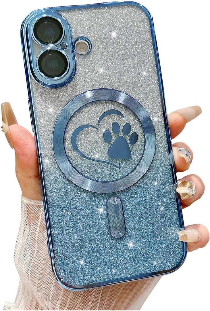 for iPhone 16 Case, Glitter Clear Cute Paw Love Heart, Compatible with MagSafe, Strong Magnetic Full Camera Lens Protection Cover, Soft Slim Bling Phone Case 6.1" - Blue