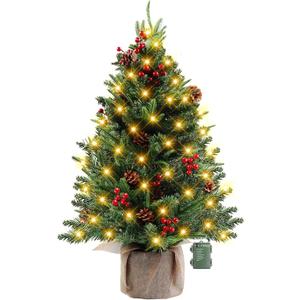 24 Inch Mini Christmas Tree, Table Top Artificial Xmas Pine Trees with 100 5-Pronged PE Branches, DIY Artificial Christmas Tree with 60 LED String Lights, Pine Cones and Red Berries Decoration