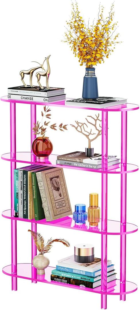 solaround Clear Bookcase, Acrylic Bookcase with Open Bookcase, Console Table for Entrance Office (4 Tiers, Pink)