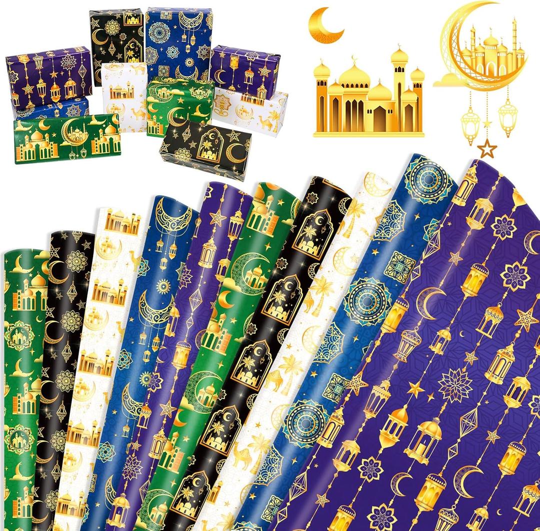 HOWAF 10 Sheets Eid Wrapping Paper Multicolor Ramadan Mubarak Gift Wrapping Paper for Kids Men Women Eid Party Gift Wrap Decorations, Eid Mubarak Crescent Moon Star Wrapping Paper Islamic Gift Wrap Paper