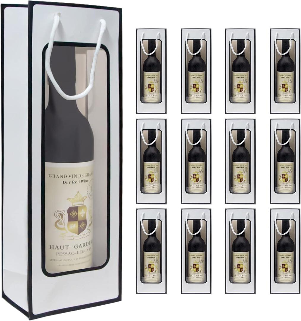 WAKAKO 12 Pcs Wine Gift Bag for Bottle, Bulk Kraft Paper Bag with Handles Reusable Clear Window for Weddings, Christmas, Birthday, Party, Graduations, Thanksgiving (White)