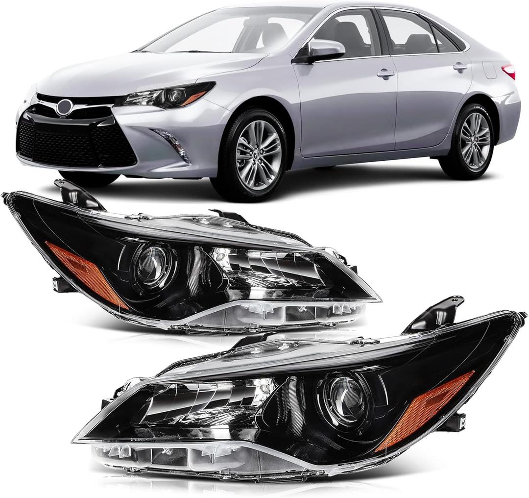 Headlight Assembly Compatible with 2015 2016 2017 Toyota Camry LE SE Halogen Headlamp Replacement, Black Housing Amber Reflector Driver & Passenger Side